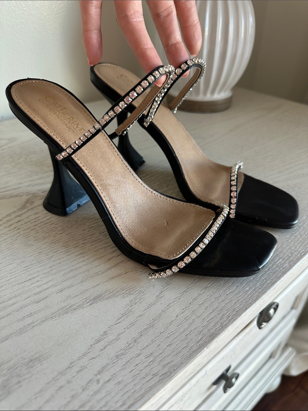 Black Rhinestone Strap Heeled Sandals - Women
